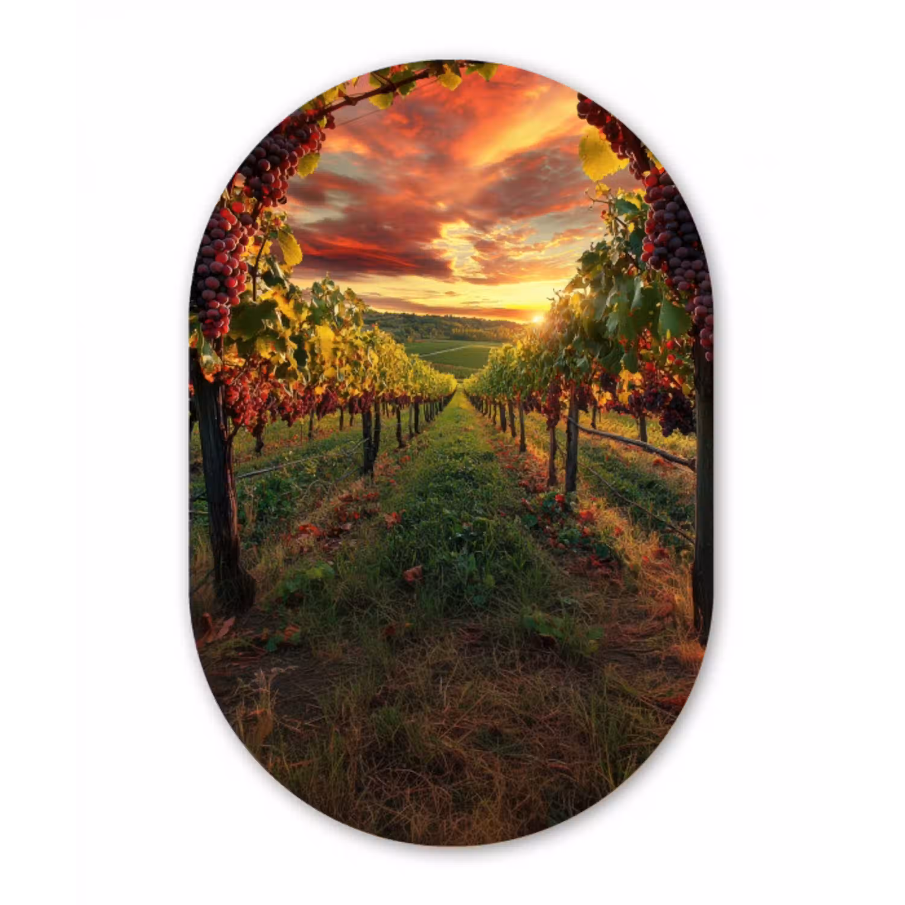 Wijngaard - Druiven - Zonsondergang Wandcirkel Ovaal Aluminium middel -3d