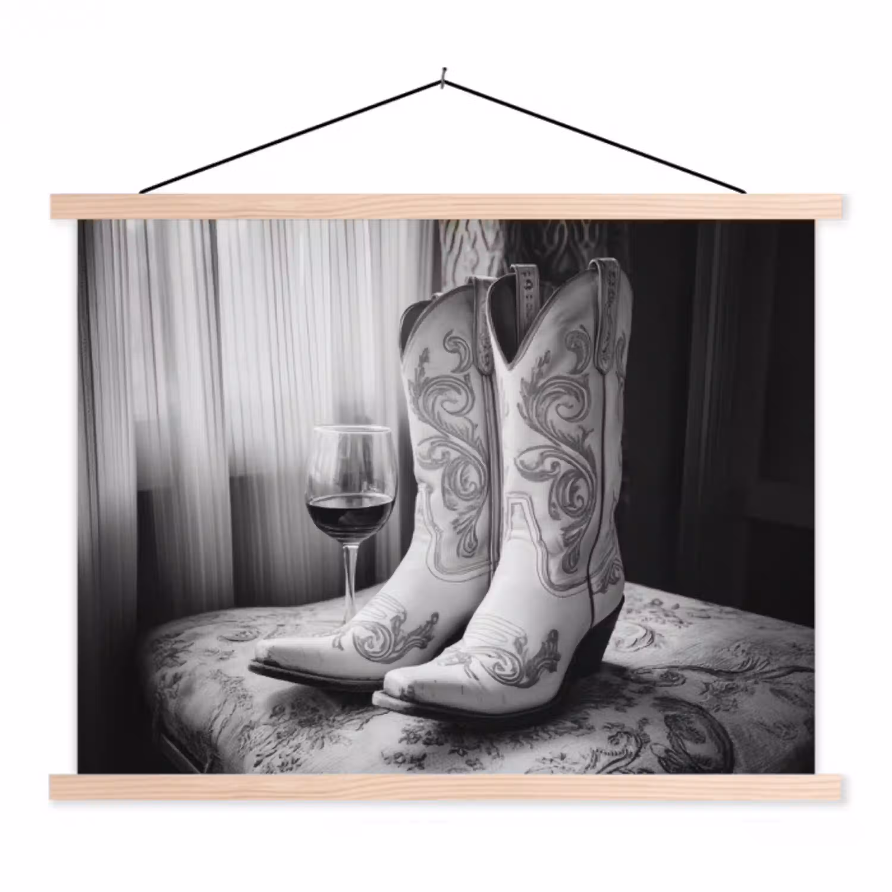 Wijn - Cowboylaarzen - Raamlicht - Wit textielposter latten blank klein -3d