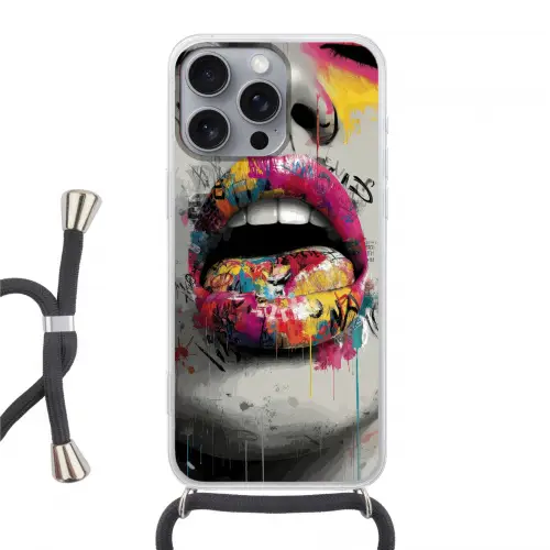 Lippen - Graffiti - Expressief Hoesje iPhone 16 Pro Max met koord klein -3d