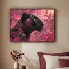 Luipaard - Bloemen - Roze Textielframe zwart klein -sfeer1