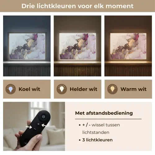 Marmer - Abstract - Goud - Paars Light Box met batterij (Wandlamp) middel -USP_lichtkleurNL