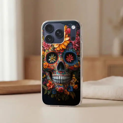 Bloemen - Kleurrijk - Schedel Telefoonhoesje iPhone 17 Pro klein -sfeer2