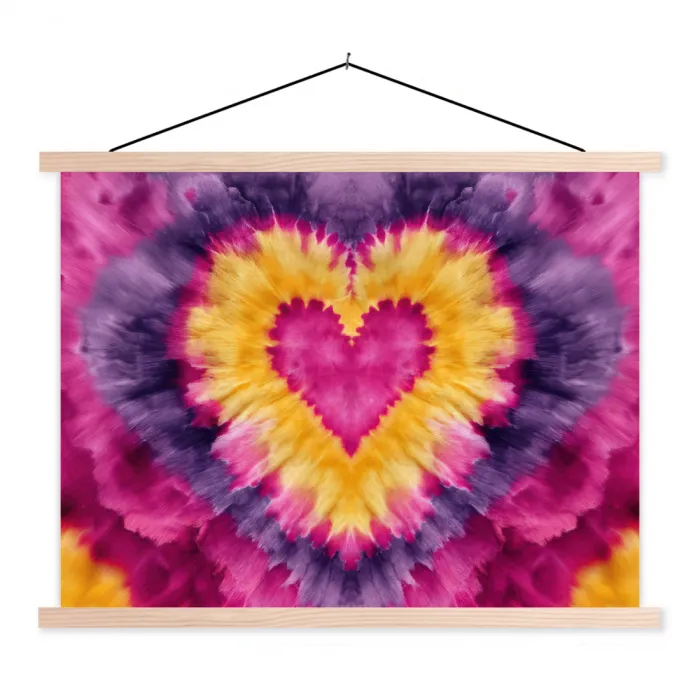 Tie dye - Hartvorm - Vlammen - Oranje textielposter latten blank klein -3d