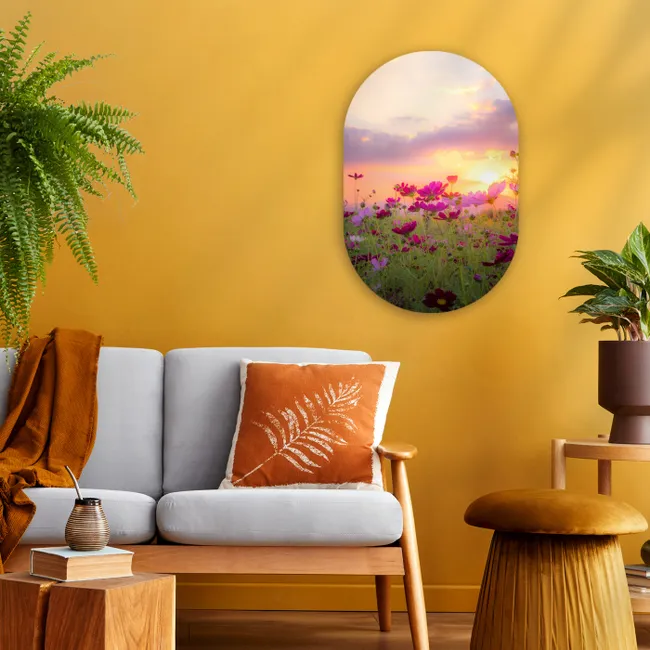 Zonsondergang - Bloemen - Roze - Natuur - Groen Wandcirkel Ovaal Forex klein -sfeer4