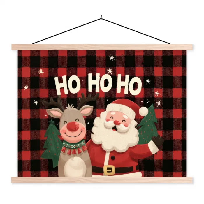 Kerstman - Rendier - Tekst - Rood - Zwart textielposter latten blank klein -3d