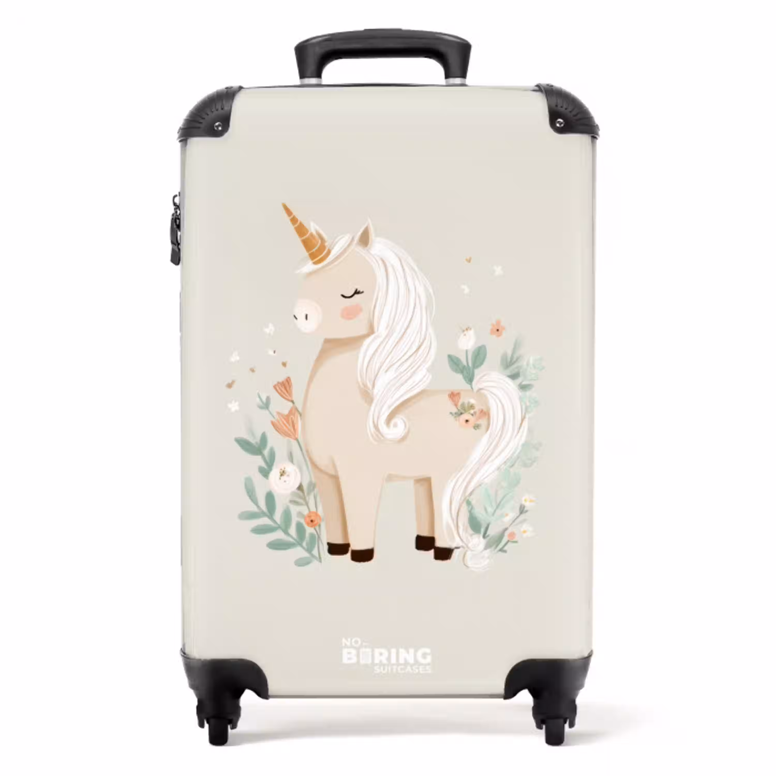 Eenhoorn tussen bloemen in beige kleuren NBS - Handbagage koffer - Volwassenen Unisex middel -productfoto_recht