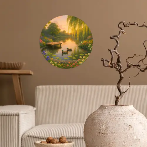 Eenden - Vijver - Bloemen Wandcirkel behangsticker klein -sfeer1