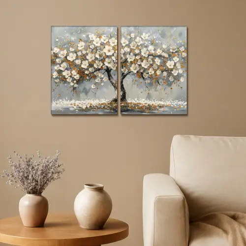 Boom - Abstract - Wit - Bloesem Canvas - Meerluiken 2 luik klein -sfeer1