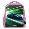 Blauwe raceauto met strepen in groene tunnel Kinderrugzak - Roze middel -3d