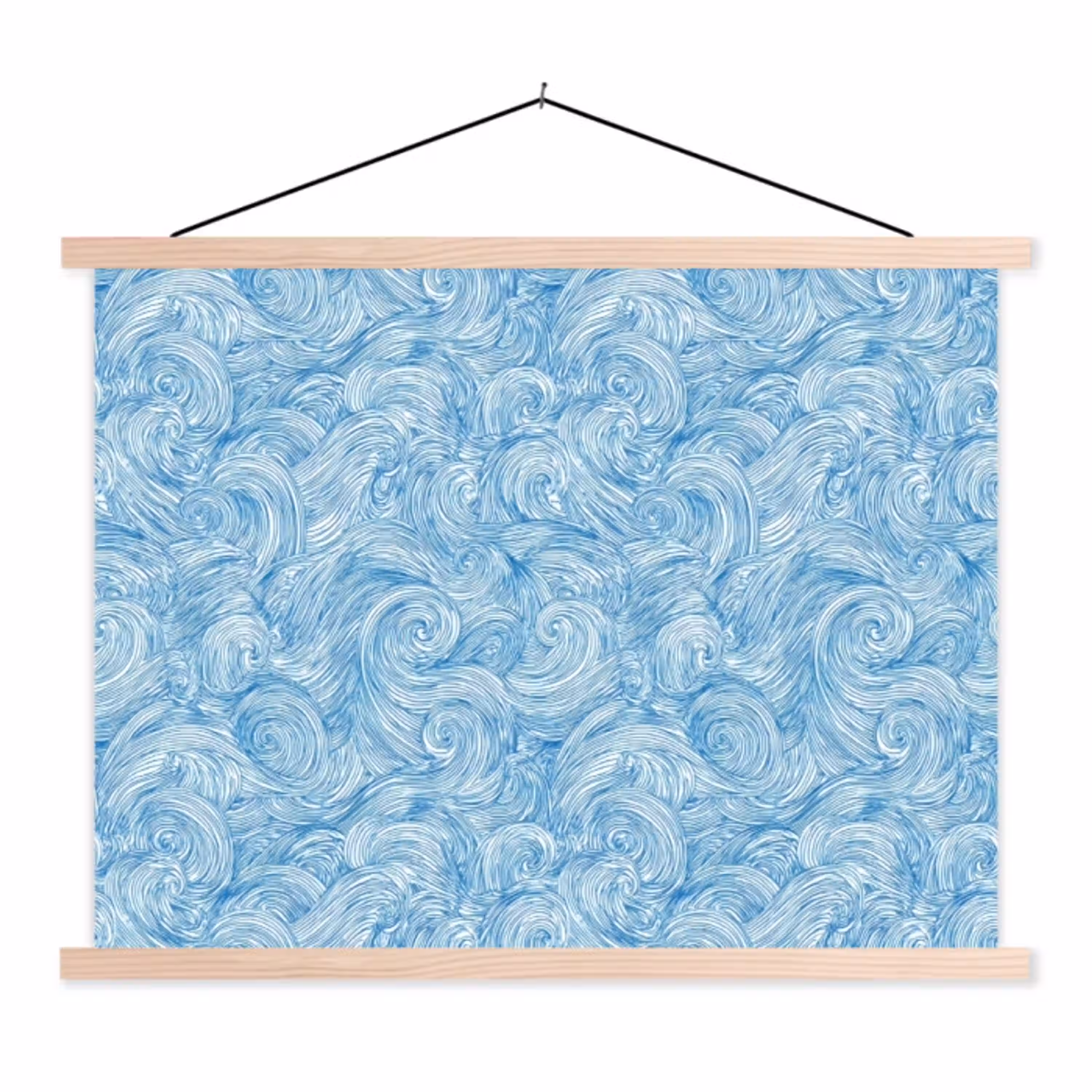 Blauw - Wit - Spiraal - Golven - Lijnen textielposter latten blank klein 122 -3d