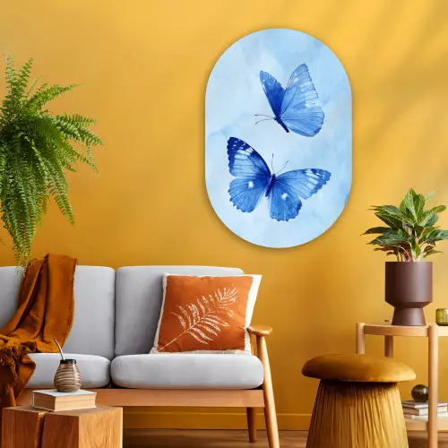 Vlinders - Sierlijk - Blauw Wandcirkel Ovaal Glas middel -sfeer4