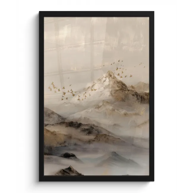 Poster met lijst - Berglandschap - Mist  - Penseelstreken