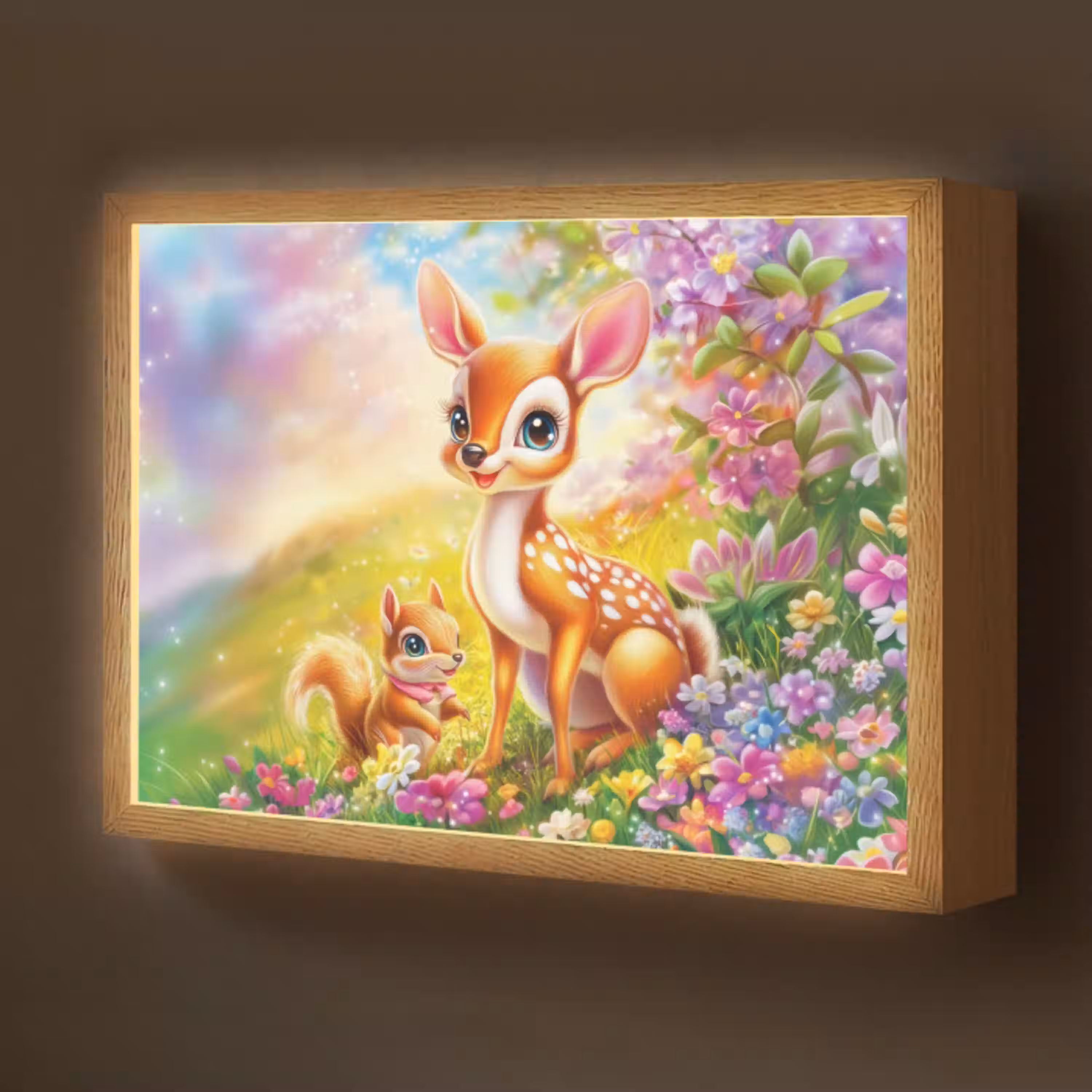 Hertje - Eekhoorn - Bloemenveld - Kleurrijk Light Box met batterij (Wandlamp kind) middel -z3d_website
