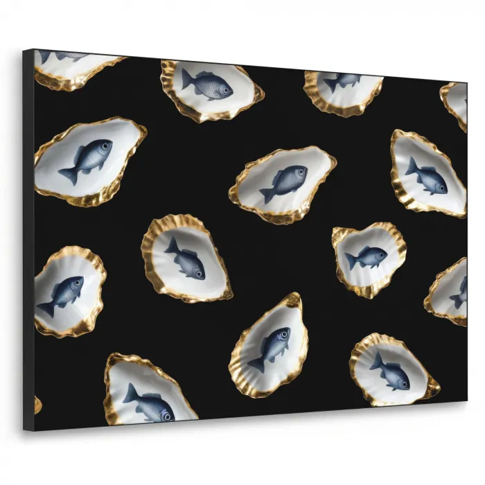 Oesters - Vissen - Blauw - Goud Textielframe - compleet frame klein -3d