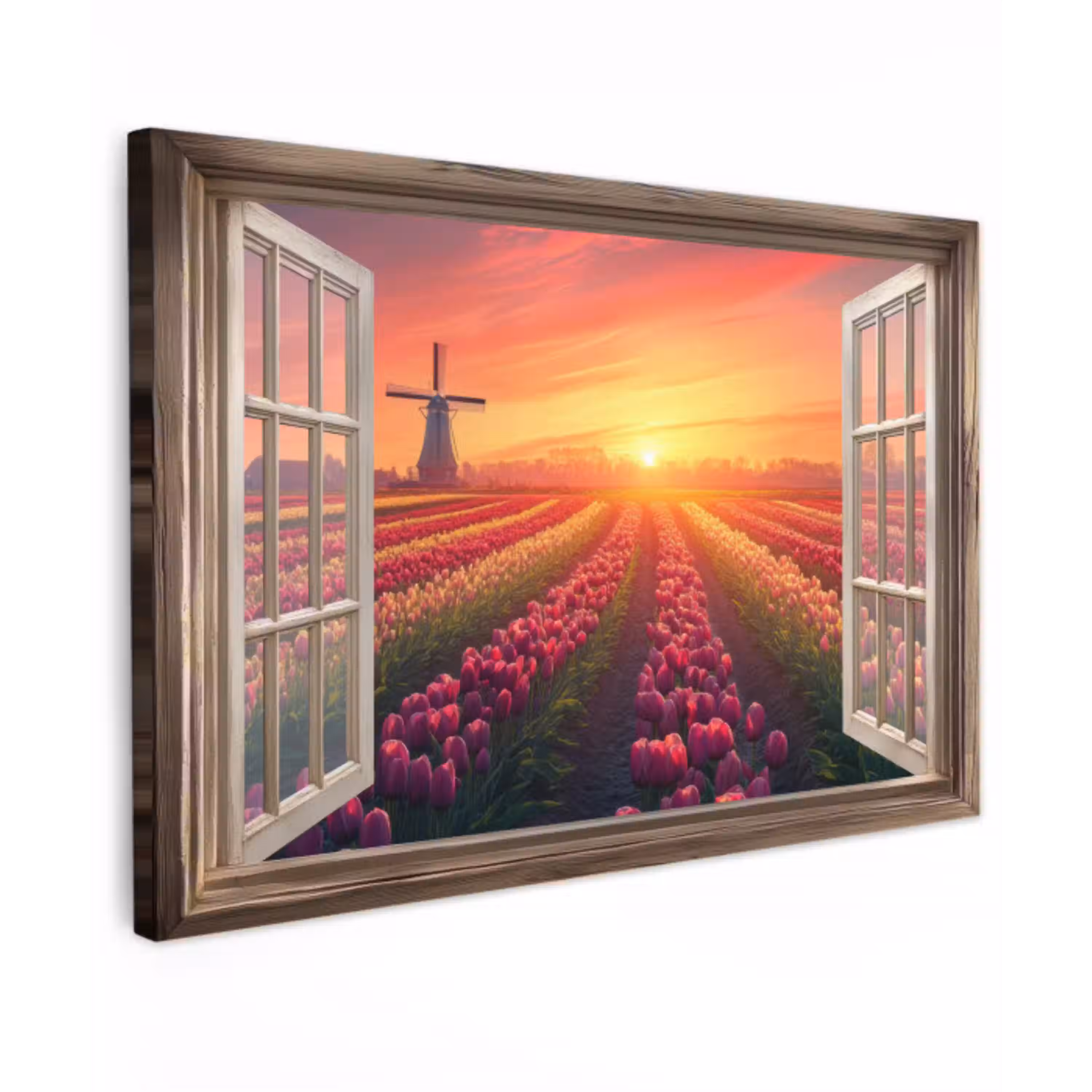 Doorkijk - Tulpen - Zonsondergang - Bloemen - Kleurrijk Tuinposter op houten frame 2 cm dik klein -3d