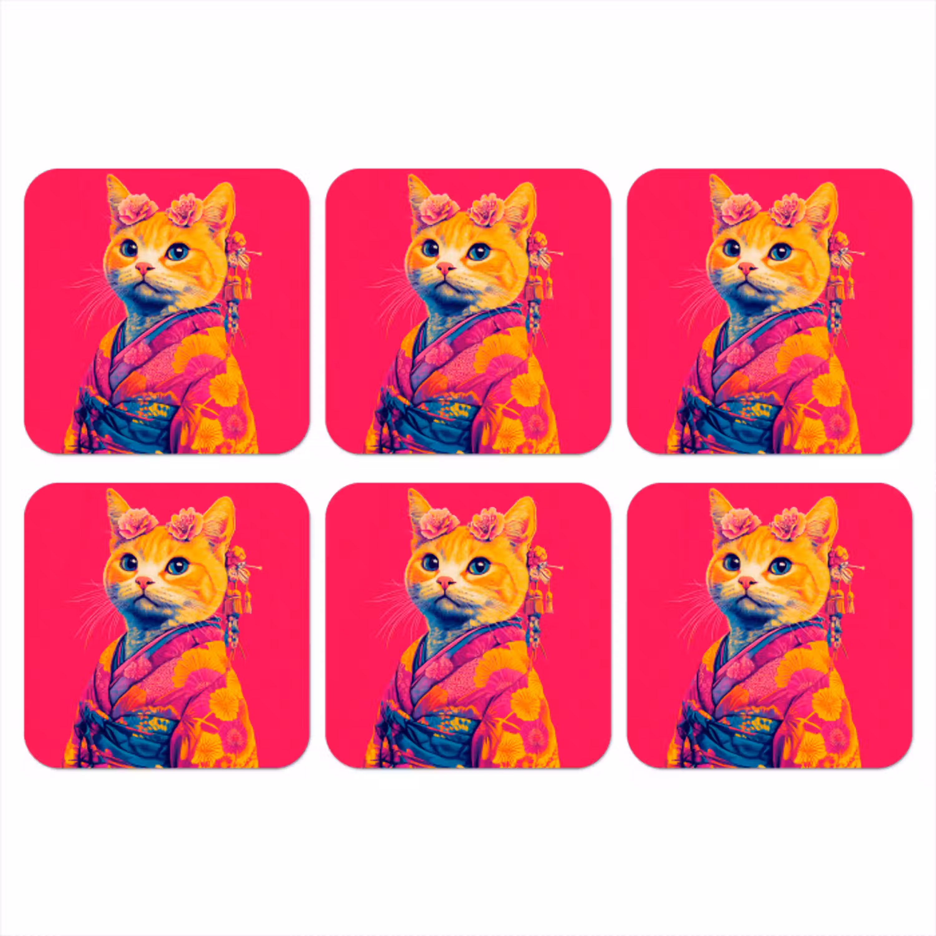 Kat - Kimono - Bloemen - Roze onderzetter kurk middel -3d