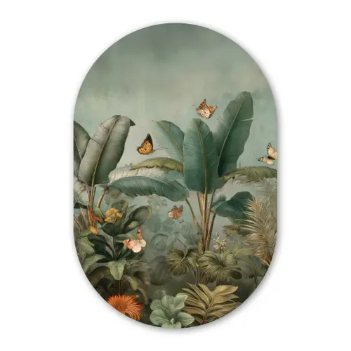 Tropisch bladerdek - Vlinders - groen - Bruin Wandcirkel Ovaal Forex klein -3d
