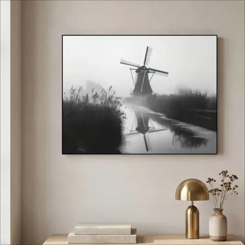 Molen - Weerspiegeling - Landschap - Water Textielframe zwart klein -sfeer2