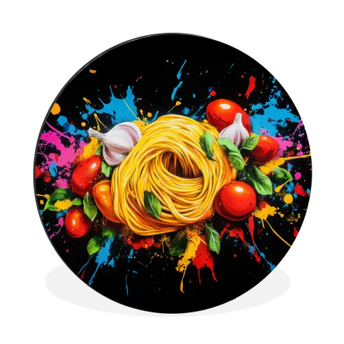 Spaghetti - Graffiti - Verf - Kleurrijk - Eten - Modern Wandcirkel aluminium klein -3d
