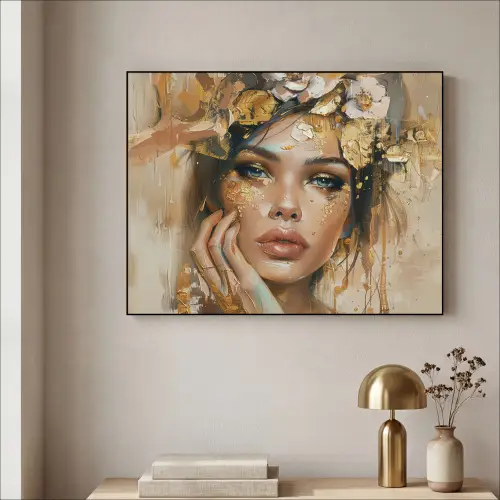 Vrouw - Bloemen  - Goud - Portret Textielframe zwart klein -sfeer2