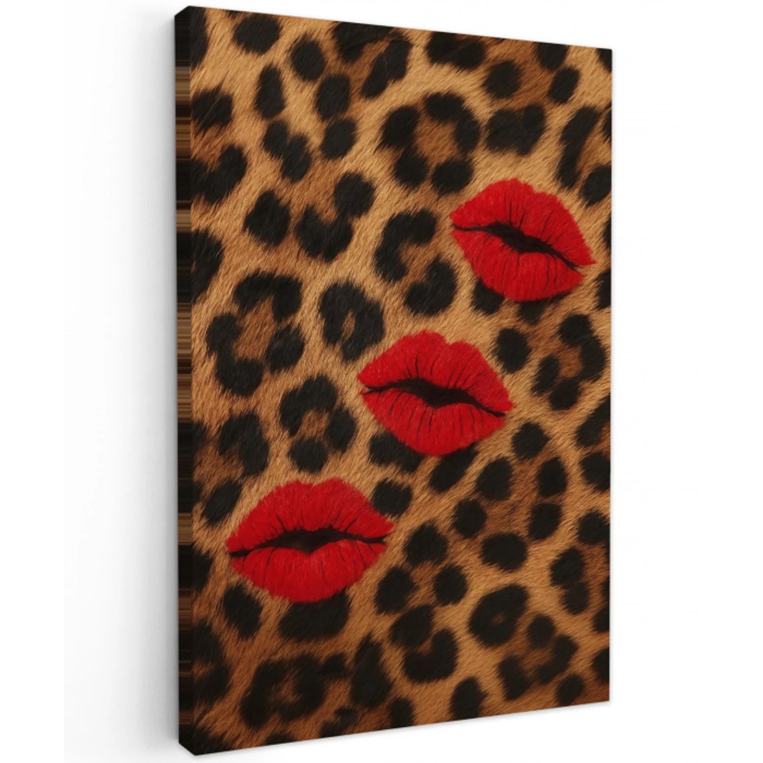Lippen - Drie - Rood - Panterprint Tuinposter op houten frame 2 cm dik middel -3d
