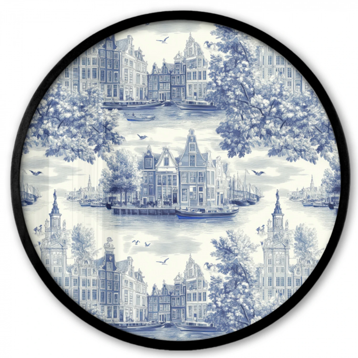 Huizen - Bomen - Water - Vogels - Blauw Fotolijst rond zonder passe partout klein 856 -3d