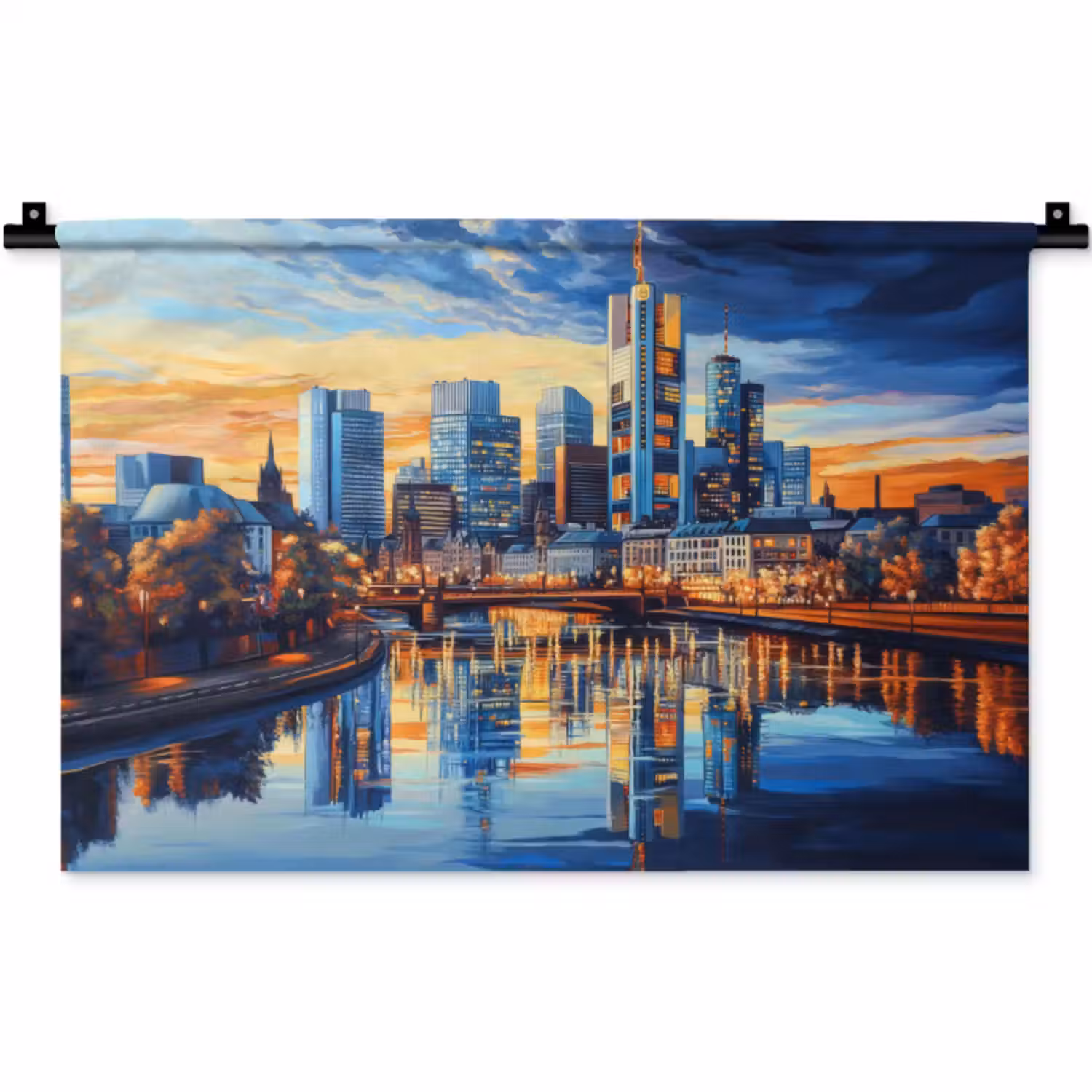 Wandkleed - Zonsondergang Frankfurt - Stad - Skyline - Water