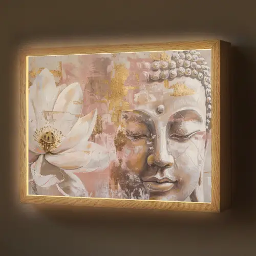 Buddha - Bloem - Goud - Roze - Abstract Light Box met batterij (Wandlamp) middel -z3d_website