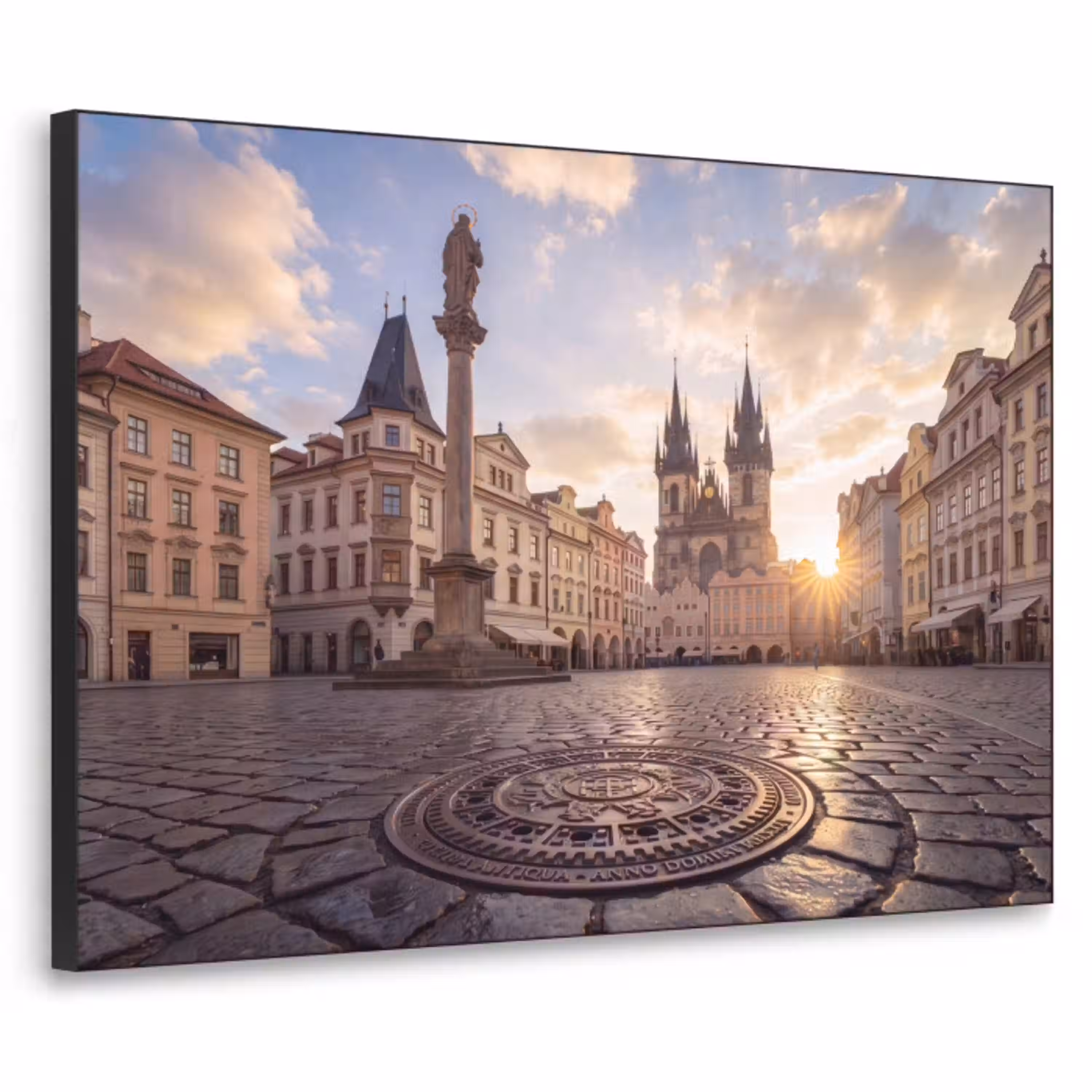 Stad - Praag - Ochtend - Architectuur - Goud Textielframe zwart klein -3d