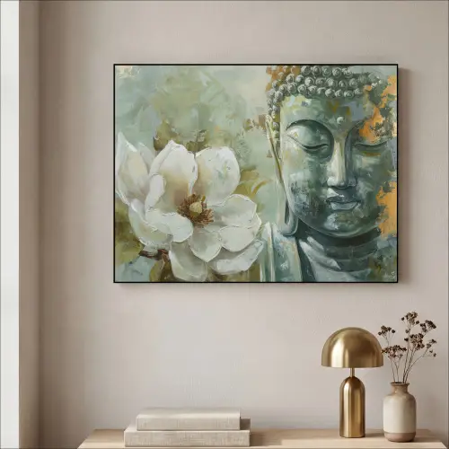 Boeddha - Groen - Lotusbloem - Wit Textielframe zwart klein -sfeer2
