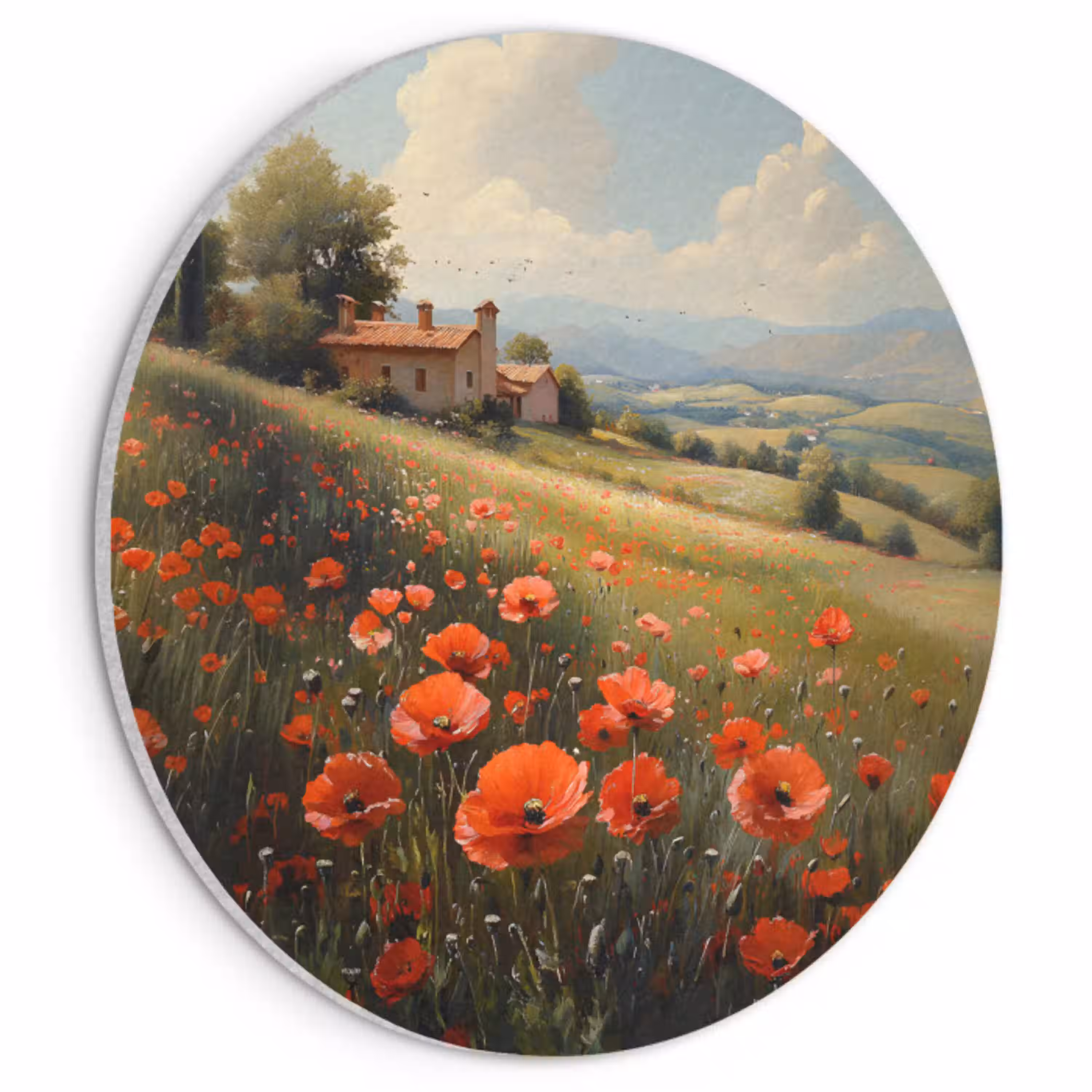 Klaprozen - Rood - Heuvels - Landschap Akoestische PET Vilt - Rond klein -3d