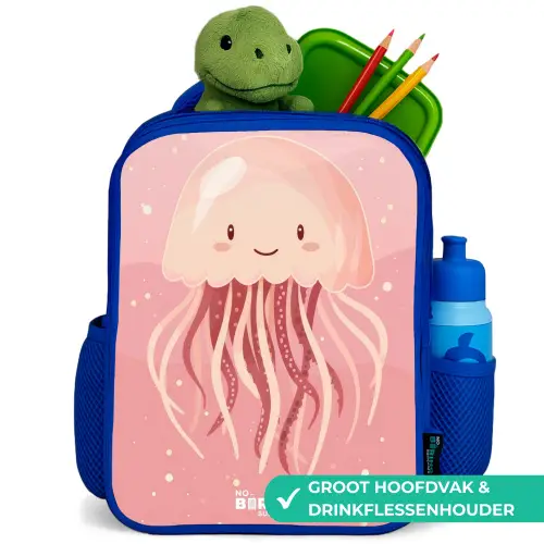Roze kwal met gezicht Kinderrugzak - Blauw middel -inhoud_NL