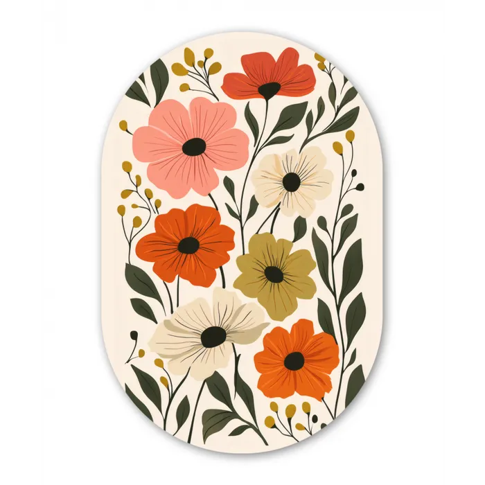 Veldbloemen - Stengels - Blaadjes - Groen Wandcirkel Ovaal Glas middel -3d