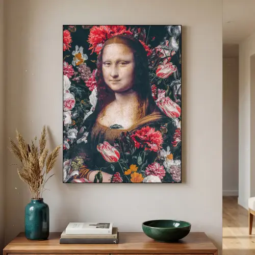 Mona Lisa - Leonardo da Vinci - Bloemen - Roze Textielframe zwart klein -sfeer1