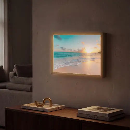 Zonsondergang - Strand - Zee - Zomer - Blauw Light Box met batterij (Wandlamp) middel -sfeer1