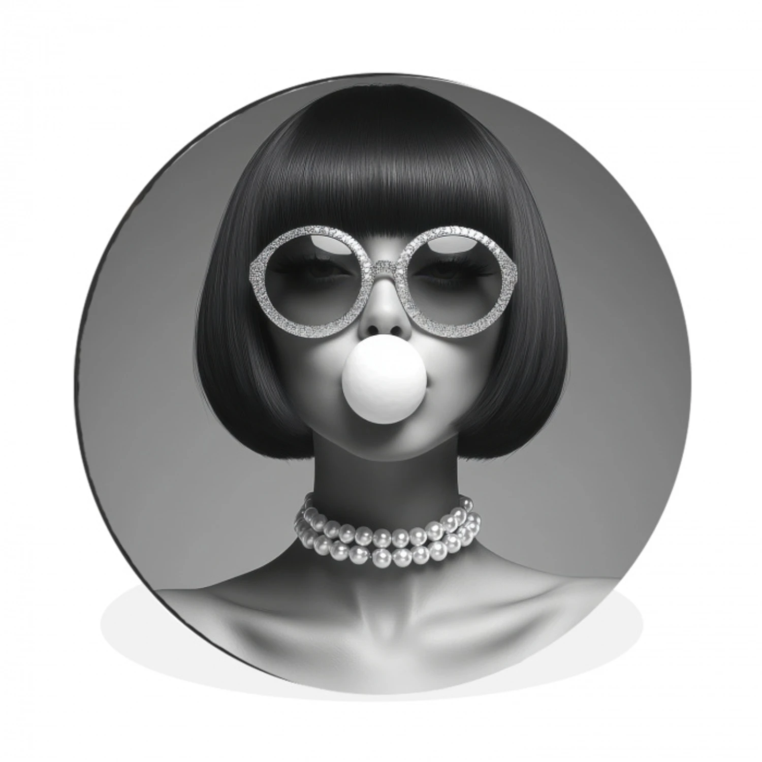 Vrouw - Zwart Wit - Ketting - Zonnebril Wandcirkel aluminium klein -3d