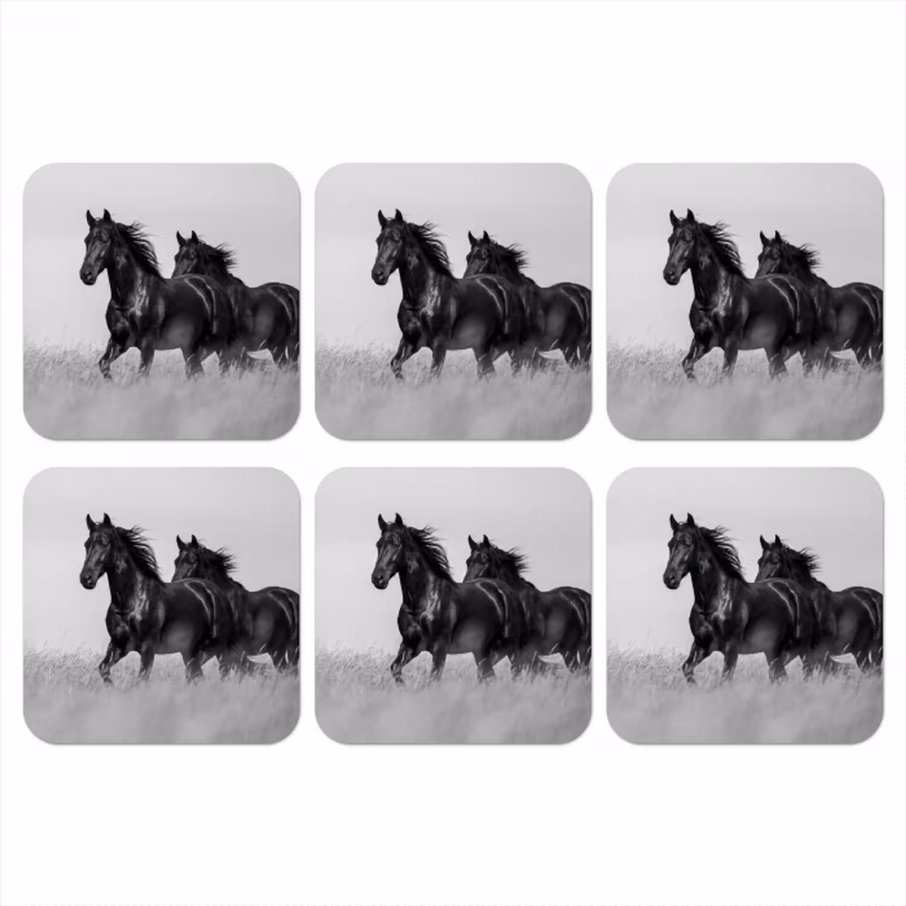 Paarden - Gras - Zwart - Wit onderzetter kurk middel -3d