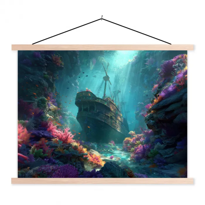 Schip - Hout - Koraalriffen - Zonlicht textielposter latten blank klein -3d