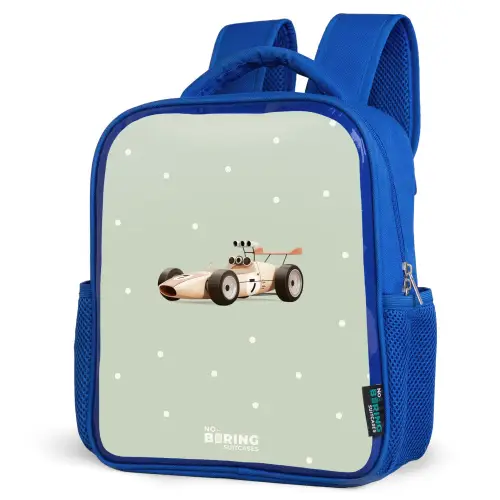 Beige retro raceauto op groene stippen achtergrond Kinderrugzak - Blauw middel -schuin