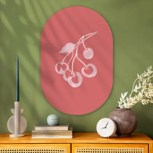 Lijnillustratie - Kersen - Tak - Wit Wandcirkel Ovaal Glas middel -sfeer2
