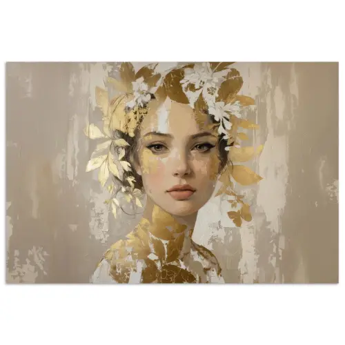 Gezicht - Vrouw - Bladeren - Goud poster papier klein -3d