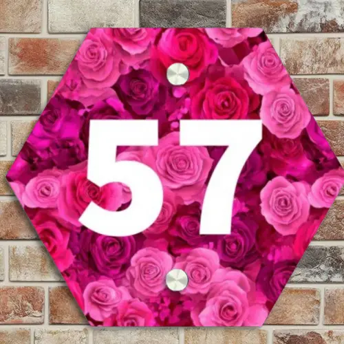 Roze rozen - Traditioneel Naambord Hexagon klein -sfeer2