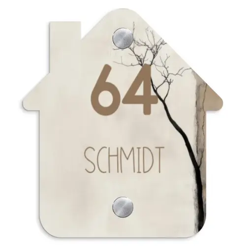 Boomsilhouet beige achtergrond - Modern Naambord Huisje klein -3d