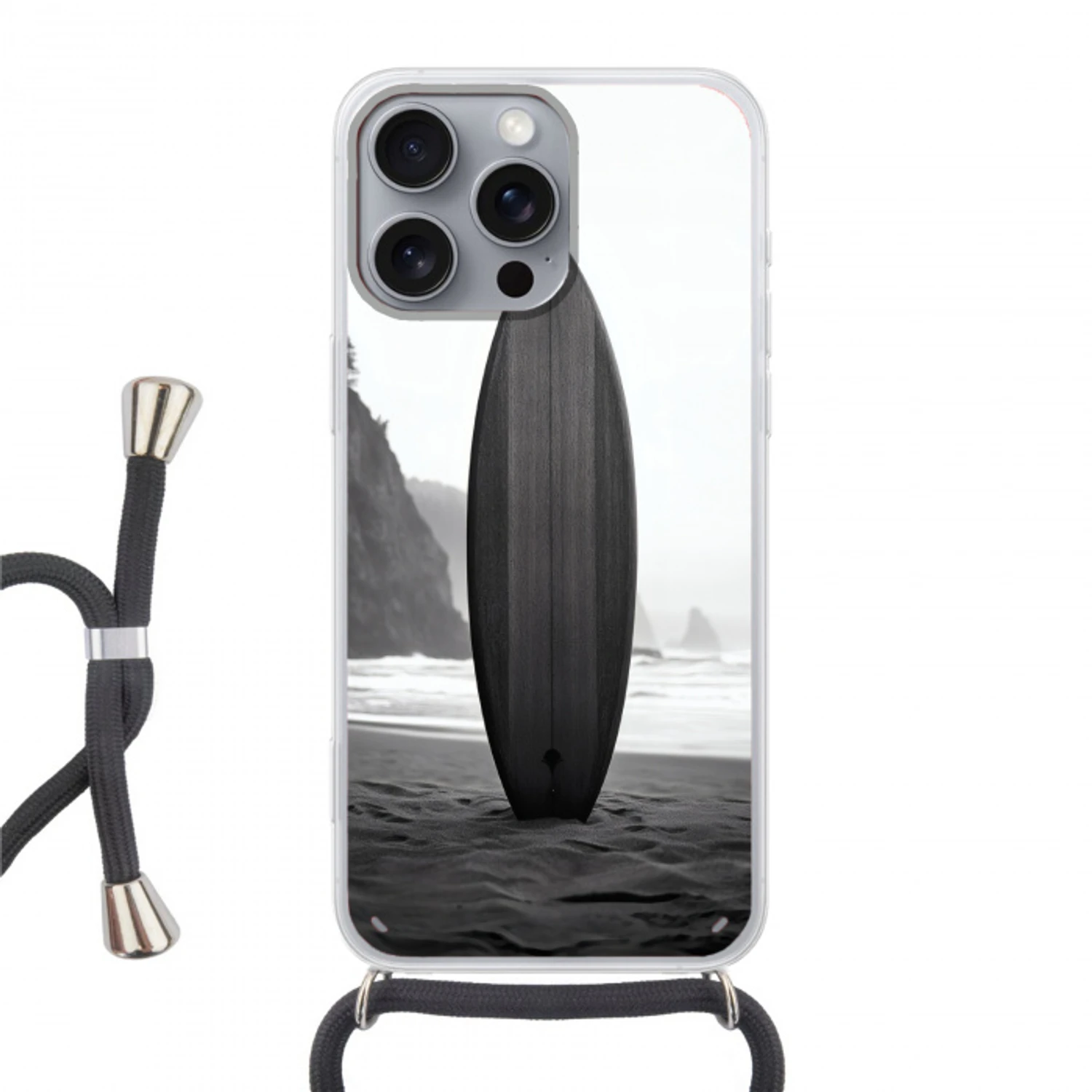 Surfplank - Zand - Zee Hoesje iPhone 16 Pro Max met koord klein -3d