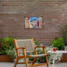 Doorkijk - Santorini - Landschap - Blauw - Grieks Tuinposter op houten frame 2 cm dik klein -sfeer3