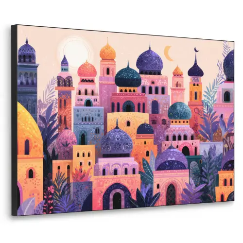 Kleurrijke stad - Zon - Islamitisch Textielframe zwart klein -3d