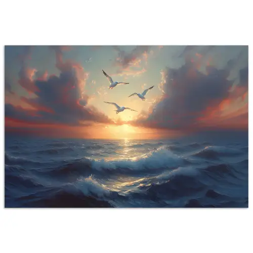 Meeuwen - Zonsondergang - Zee - Wolken poster papier klein -3d