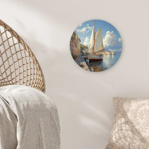 Zeilschip - Huizen - Kade - Zee Wandcirkel kunststof plaat 5mm dik klein -sfeer5