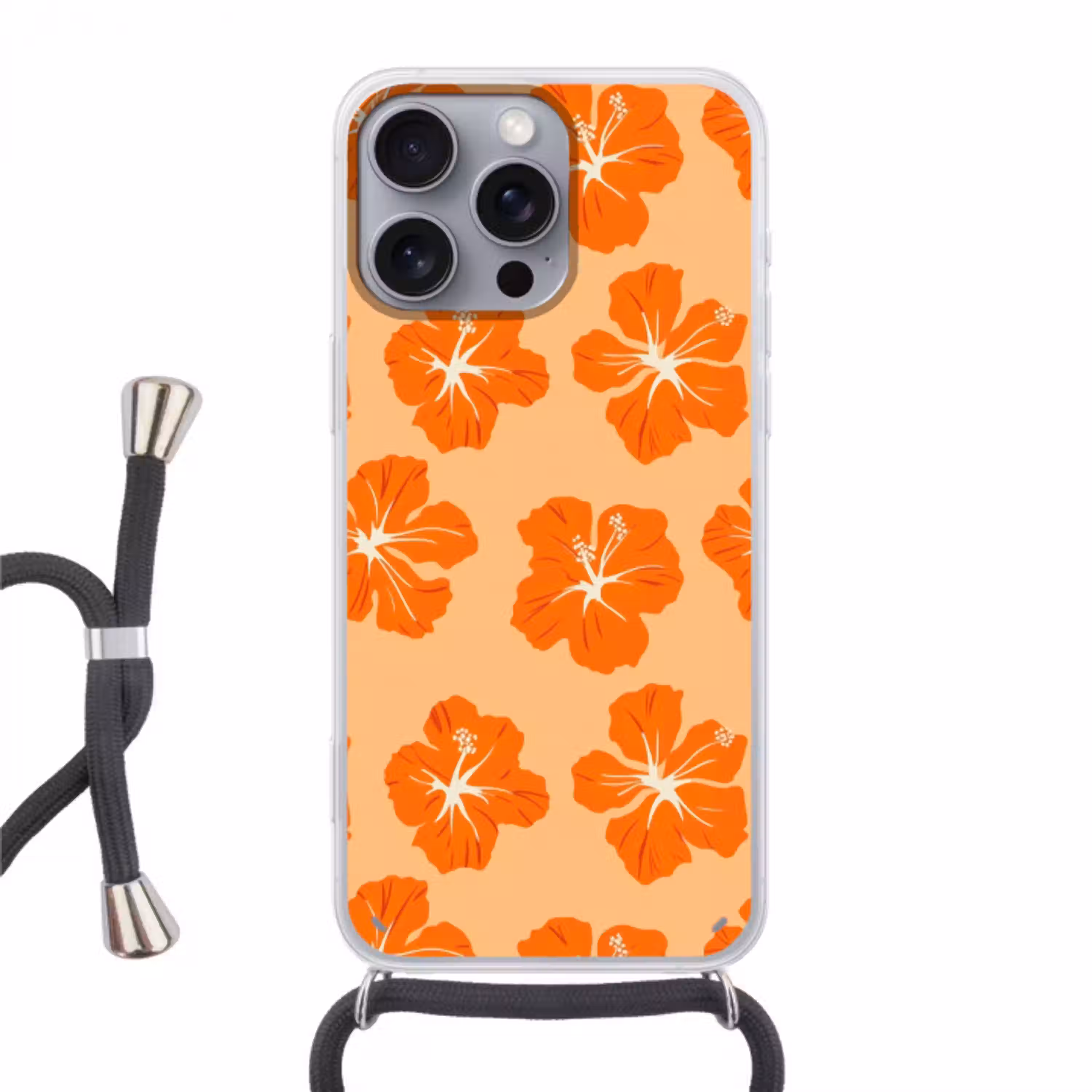Tropisch - Hibiscus - Oranje Hoesje iPhone 16 Pro Max met koord klein 804 -3d
