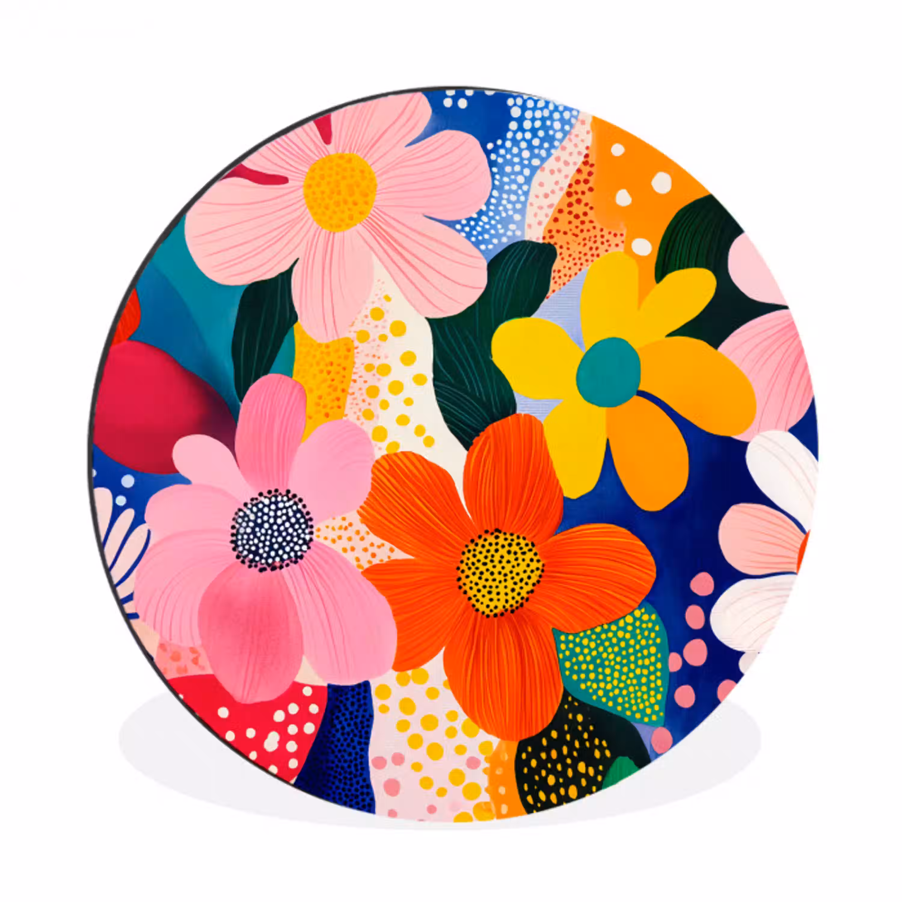 Bloemen - Kleurrijk - Stippen Wandcirkel aluminium klein -3d